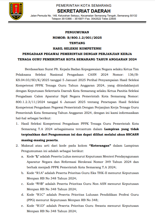 Hasil Seleksi Kompetensi Pengadaan Pegawai Pemerintah dengan Perjanjian Kerja Tenaga Guru Pemerintah Kota Semarang Tahun Anggaran 2024